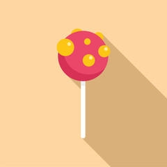 Round pink lollipop with yellow dots on long shadow background representing sweet treat, candy shop, confectionery