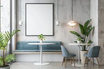 An elegant restaurant interior with a sofa, dining table, window, and mockup frame