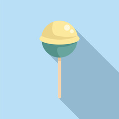 Minimalist illustration featuring a green and yellow lollipop casting a long shadow on a blue background, perfect for projects related to sweets, candy, treats, and confectionery