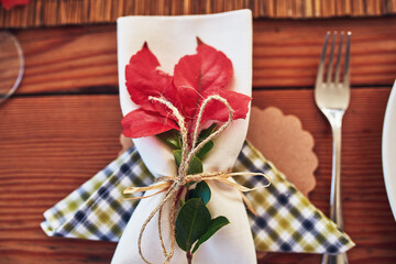 Thanksgiving, holiday and cutlery for festive, layout and closeup of decoration, cloth and creative. Restaurant, fork and catering for event, celebration and dinner of top view, feast and preparation