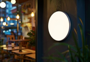 A mockup of a round signboard on a building exterior. A blurry street background serves as the background for the mockup. Using stock techniques, the logo is generated.