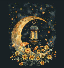 Crescent moon with flowers and a lantern, yellow stars on a black background, watercolor painting in the style of cute boho style.