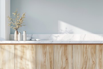 Interior of the kitchen with wood, gray, and white colors