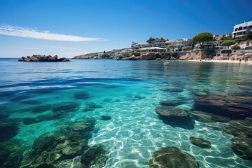 Fototapeta premium Golden Bay Beach Golden sand and crystal clear waters., generative IA