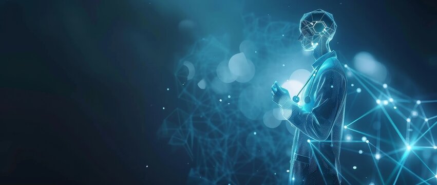 An image combining healthcare with artificial intelligence, showing a medical professional