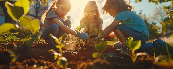 Family planting trees for Arbor Day, children digging and watering saplings, sunny day, 4K hyperrealistic photo.