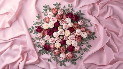 Pattern made of roses and leaves on pastel pink background flat lay top view