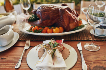 Dinner, thanksgiving and meal of turkey, food and vegetables on table in backyard. American, tradition and culture as celebration, express gratitude and reflect on blessings with meat outdoor in usa