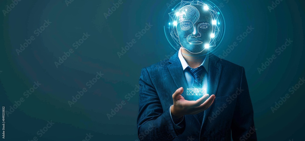 Poster biometric scans using the finger touch of a businessman and holograms created using digital technolo