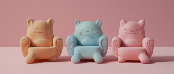 set of Adorable clay ,a child chair of different varieties, muted pastels, 3D clay icon, Blender 3d, kawaii chair, cute sofa, child seat