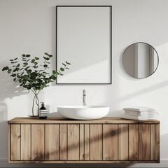 Fototapeta premium Home bathroom interior with mockup frame and sink on wooden wall