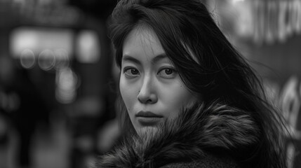 foto ultra-realista em preto e branco de uma linda mulher asiática, nas ruas de Paris, expressões emocionais, detalhadas e realistas