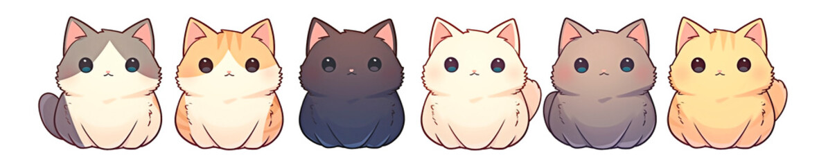 Cute kawaii cat collection in various colors. Unique color kawaii cats in anime character style isolated on transparent background.