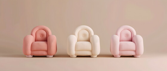 set of Adorable clay ,a child chair of different varieties, muted pastels, 3D clay icon, Blender 3d, kawaii chair, cute sofa, child seat