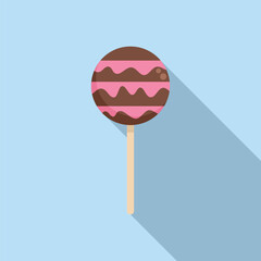 Round chocolate lollipop with pink stripes on a stick casting a long shadow on a blue background