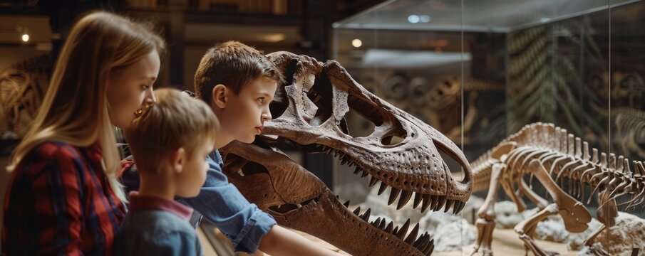 Family visiting an art museum for National Fossil Day, October 16th, learning about ancient history, 4K hyperrealistic photo. - Powered by Adobe