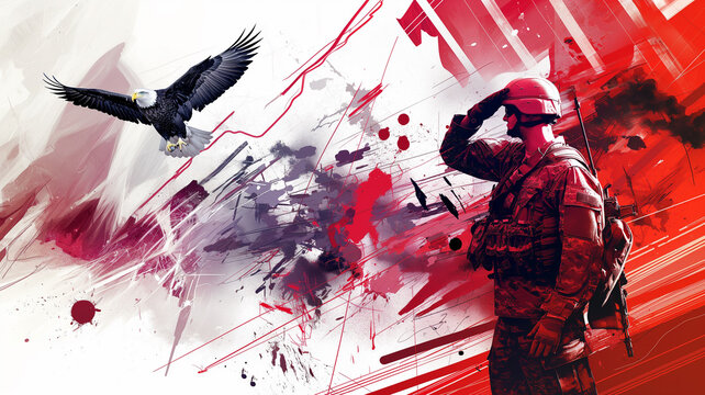 US Soldier Saluting with Bald Eagle and US Flag on Abstract 4th of July Background - Powered by Adobe