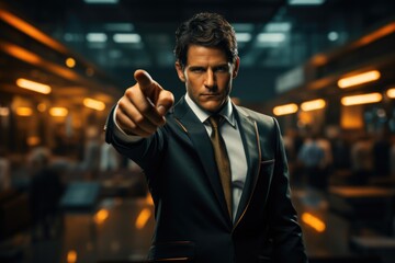 Crop Image of a finger pointing animated businessman, generative IA