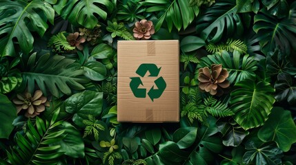 Cardboard Box with Recycling Symbol Amidst Vibrant Green Leaves and Succulents.