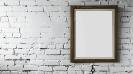 Wooden frame in black displaying visual sensation inscription on a white brick wall