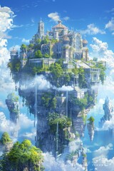 Fantasy floating island with a modern twist in serene blue sky and clouds scenery