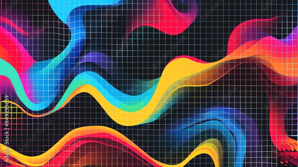 Poster abstract background of colorful, wavy lines over a grid pattern.