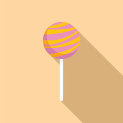 Round pink and yellow lollipop with long shadow casting on a beige background