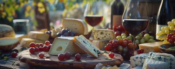 Celebrating National Cheese Day with a cheese tasting event, variety of cheeses and wine, 4K hyperrealistic photo.