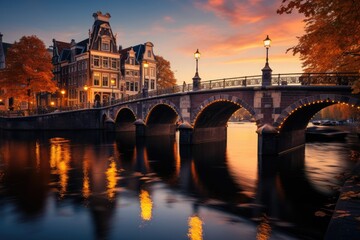 Obraz premium Amsterdam Channels, houses and picturesque bridges., generative IA