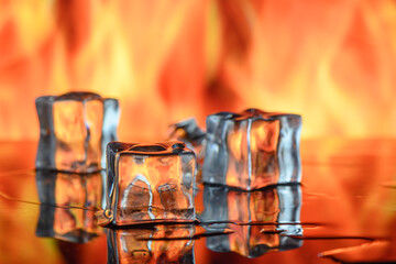 Ice melting with flames on background. 2