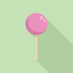 Simple round pink lollipop on a stick casting a long shadow over a green background