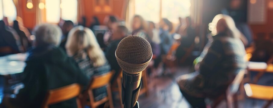 Friends attending a poetry reading for National Poetry Day, October 14th, listening to beautiful verses, 4K hyperrealistic photo.