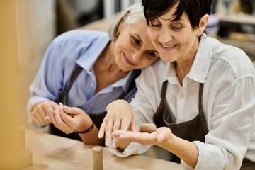 A lesbian couple works on a pottery project together in a studio.