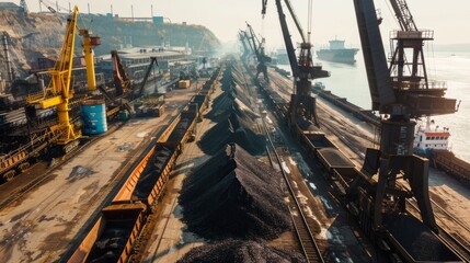 A large industrial area with many cranes and trains