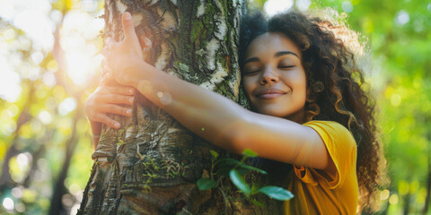 Young mixed race woman hugging tree forest bathing. --ar 3:2 --style raw Job ID: 31c2c84c-7699-4f3e-93e5-b212b6959d00