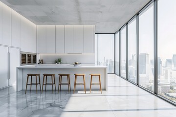 Three-dimensional rendering of a modern kitchen interior with white cabinets, stools, and a countertop. Light atmosphere, cityscape background.