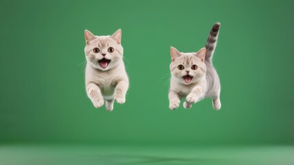 A cute kitten is happy and jumping on a green background. Ginger kitten with paws up on a green background. Cute pet concept poster. Studio portrait Green Screen