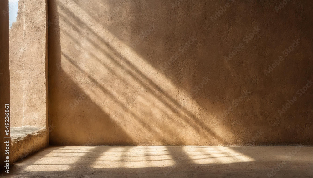 Aufkleber minimalistic background of empty beige brown wall with sun rays for presentation, texture