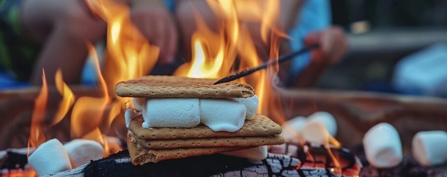 Kids making s'mores for National S'mores Day, August 10th, roasting marshmallows and enjoying the treats, 4K hyperrealistic photo. - Powered by Adobe
