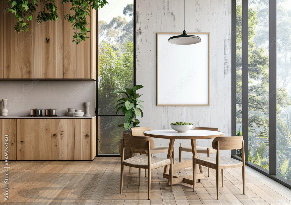 Aufkleber 3d rendering of a modern dining room with a blank poster on a wall and views of greenery. light colo