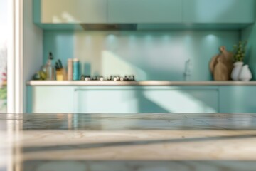 A mockup of a countertop and interior of a kitchen, including a cooking cabinet and a mockup of a table