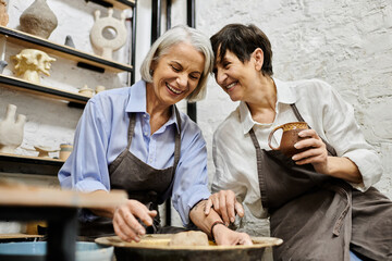 Two mature women enjoy a pottery class together, sharing laughter and creativity.