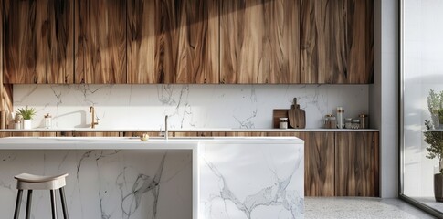 Obraz premium There is a light kitchen interior with a counter and seats, shelves and kitchenware, and a window