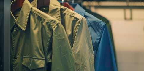 Fototapeta premium On green and blue jackets on hangers, on a beige textured wall background, a concept of a retail store. This is a stock AI image.