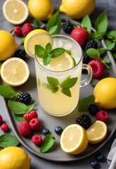 A glass of lemonade with lemon slices and mint leaves , surrounded by various fruits and berries on a tray