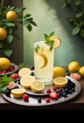 A glass of lemonade with lemon slices and mint leaves , surrounded by various fruits and berries on a tray