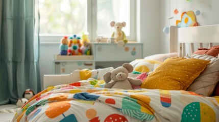 A child's bedroom with a playful bed frame, stuffed animals, and bright, cheerful bedding, making a fun and cozy space