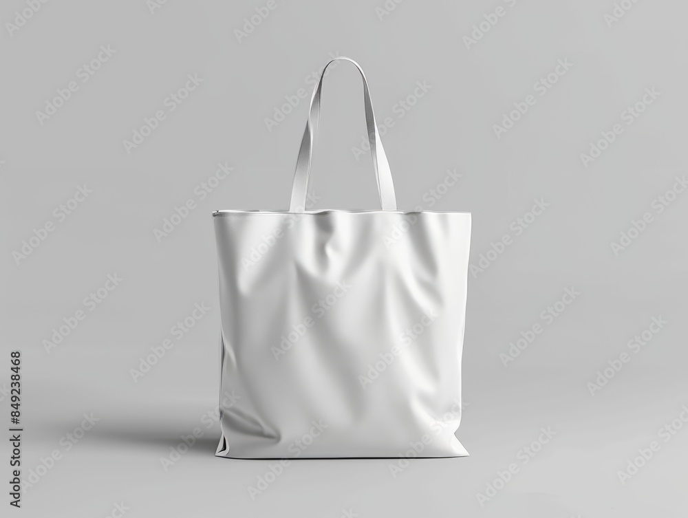 Poster Design mockup for branding concepts featuring a white tote bag on a plain grey background. Stock artificial intelligence.