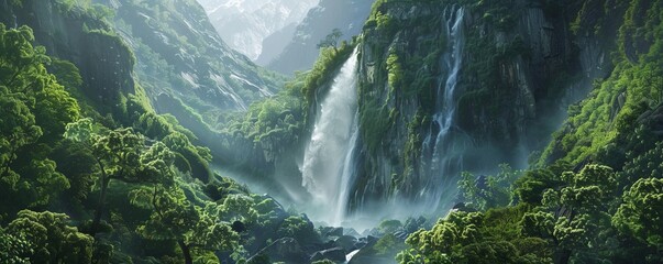 Powerful waterfall cascading down a steep mountainside, 4K hyperrealistic photo