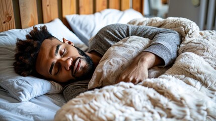 a handsome man sleeping soundly in bed, surrounded by white pillows and blankets against a cozy bedroom backdrop.